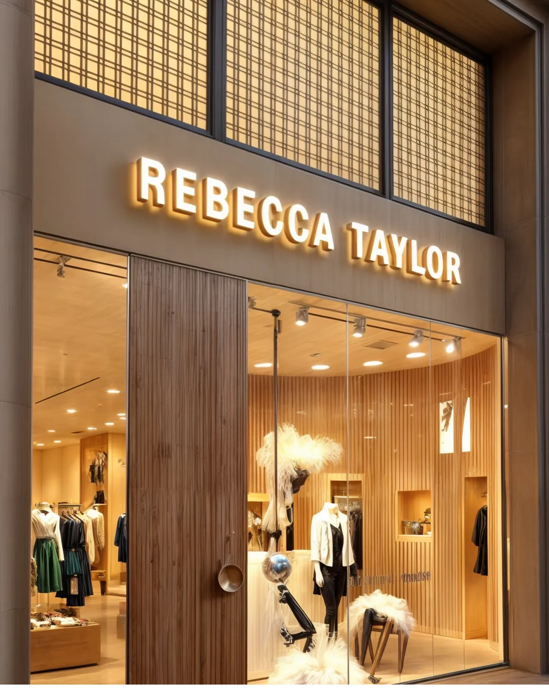 Letras acrilicas blancas con iluminación led que destaca el blanco y dorado entre sí, con un fondo de fachada marrón claro.