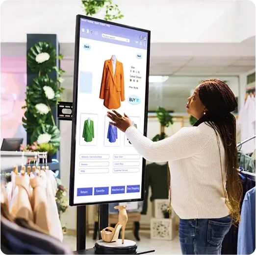 Pantalla digital interactiva de publicidad en tienda de ropa con cliente usando el sistema táctil